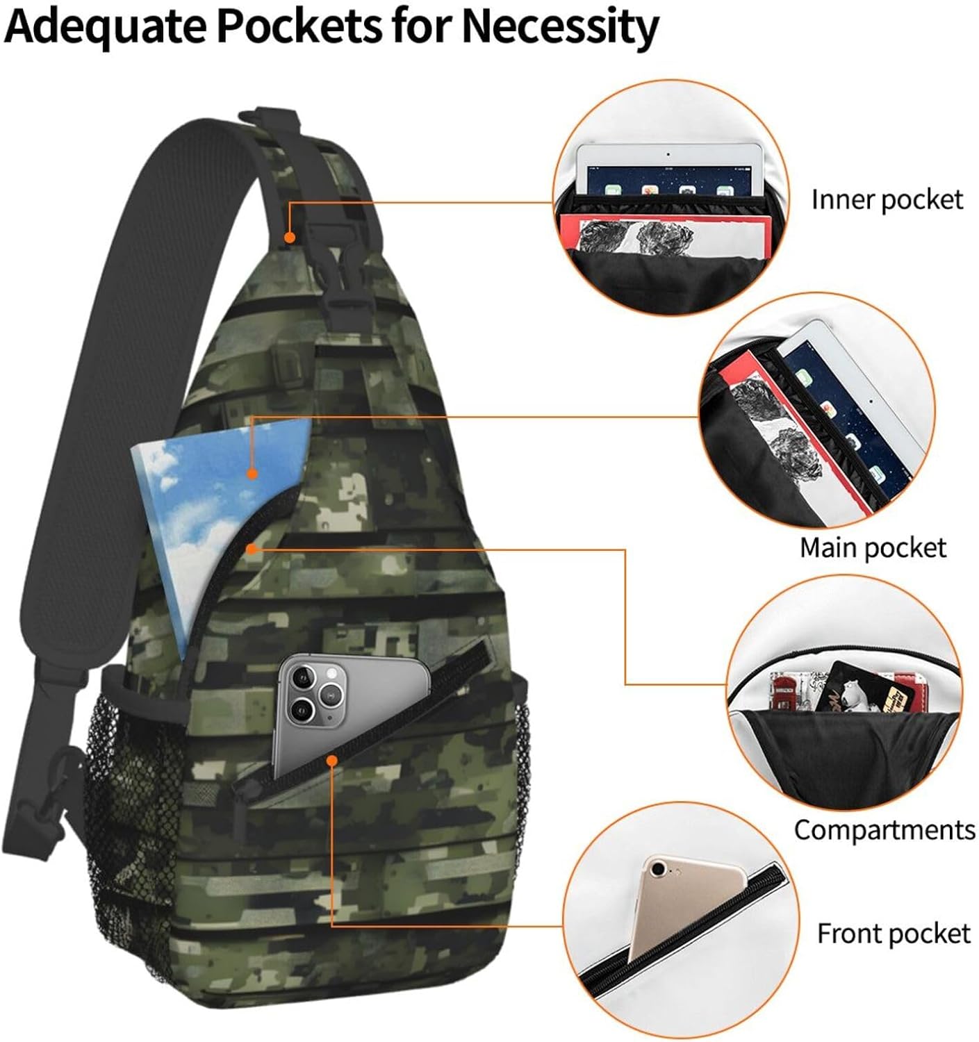 Durable Lightweight Digital Camo Print Cross chest bag diagonally for Travel Commute Daily Use