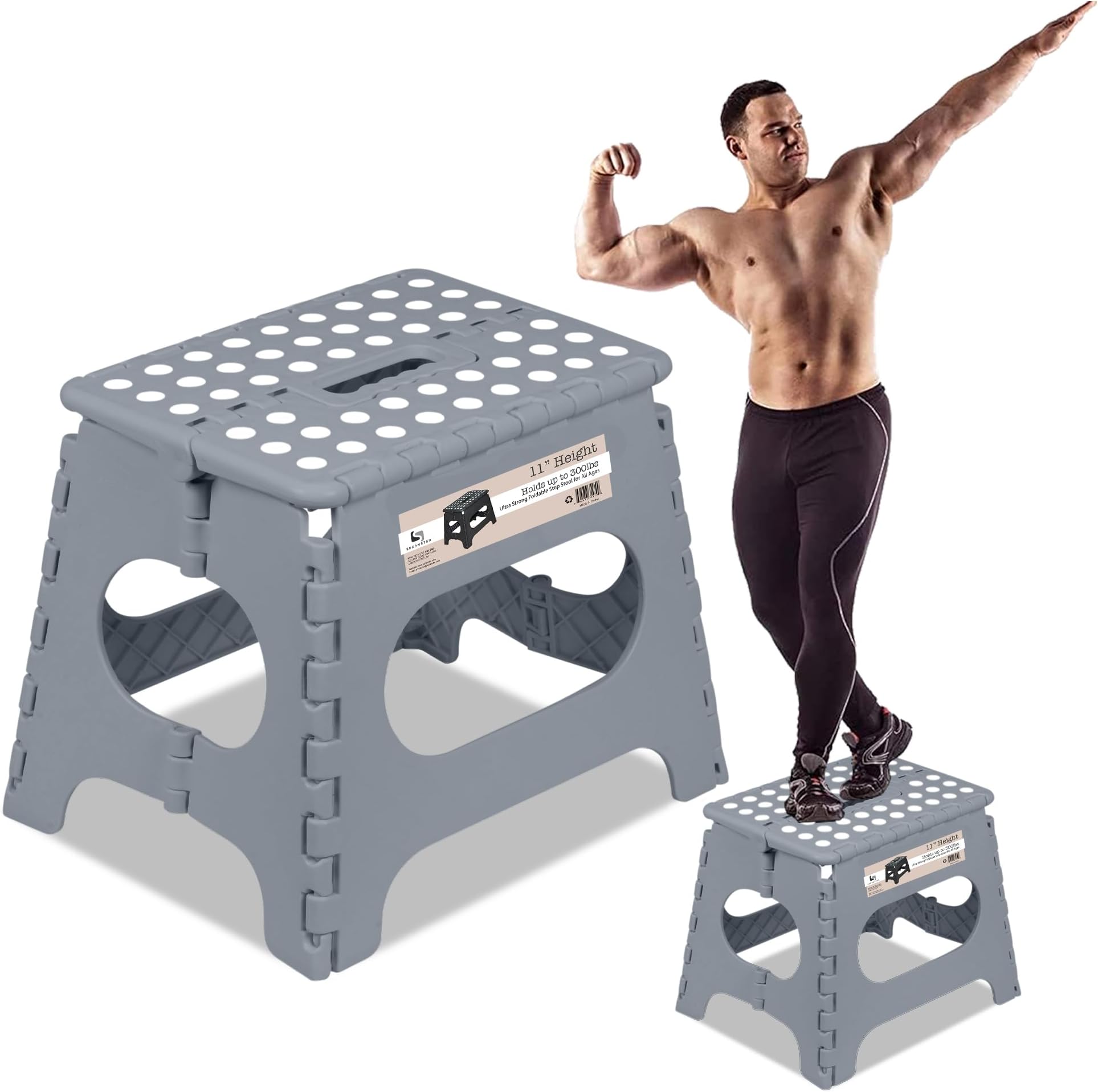 Spranster Super Strong Folding Step Stool - 11" - Sturdy Enough to Hold 300 Lb - Lightweight Foldable Step Stool for Adults and Kids - Opens with one Flip - Great for Kitchen, Bathroom and Bedroom