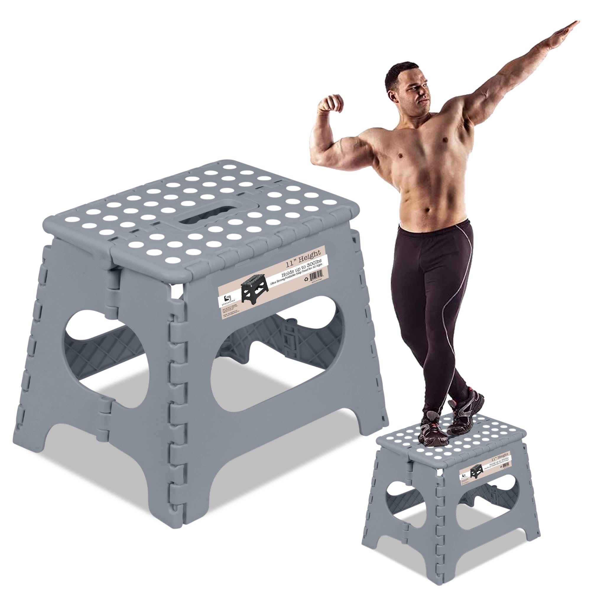 SpransterSuper Strong Folding Step Stool - 11" - Sturdy Enough to Hold 300 Lb - Lightweight Foldable Step Stool for Adults and Kids - Opens with one Flip - Great for Kitchen, Bathroom and Bedroom