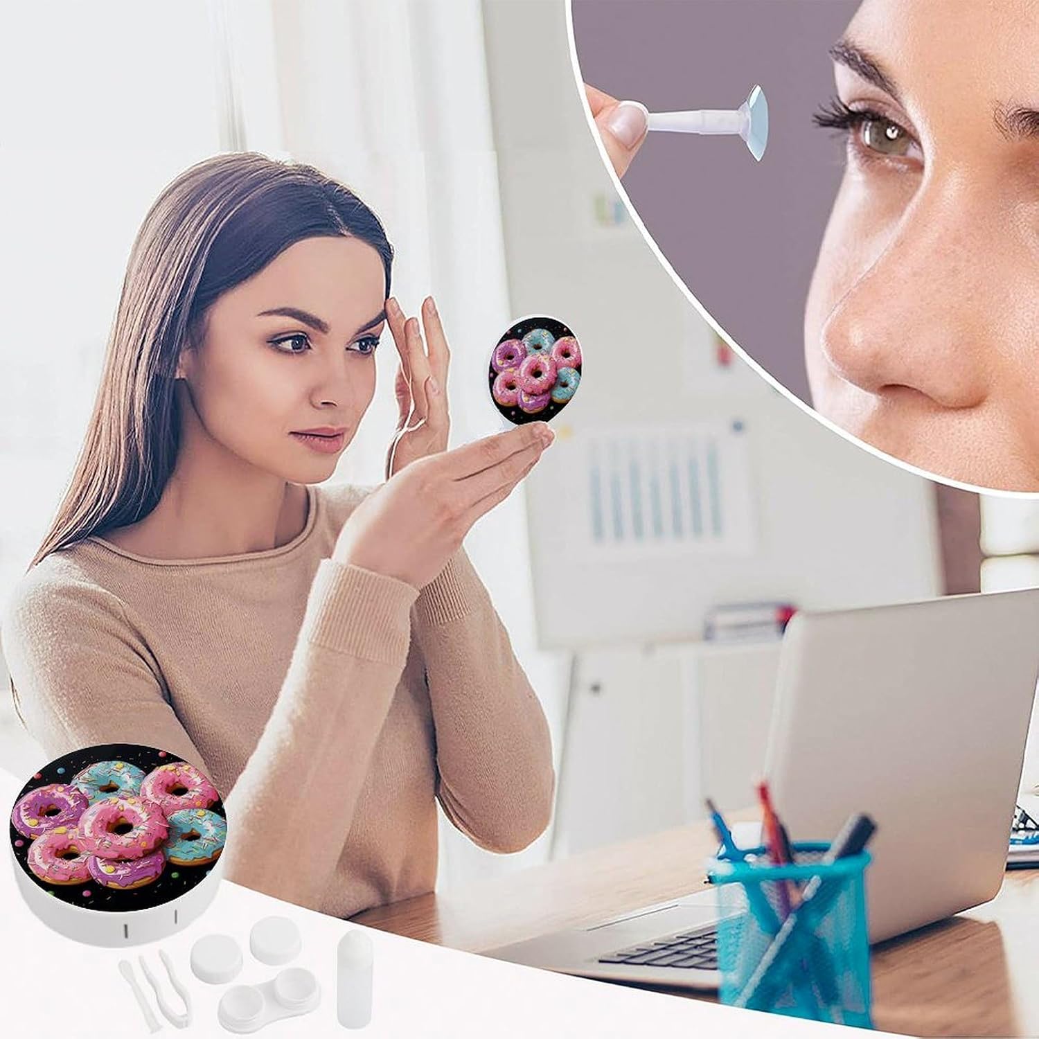 Donut Contact Lens Case with Cleaner Washer Cute Contact Lens Soak Storage Holder Container with Mirror Mini Portable Contact Lens Box Set for Travel Outdoor Use