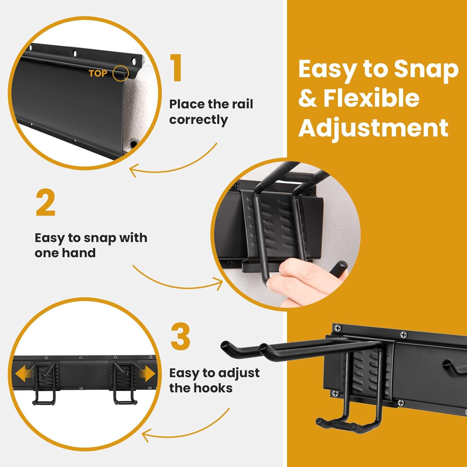 Garage Tool Organizer Wall Mount, 48" Heavy Duty Metal Storage Rack with 3 Rails & 6 Adjustable Double Hooks, Wall Mounted Garden Tool Hanger for Rakes, Shovels, Brooms, Garage Shed & Workshop