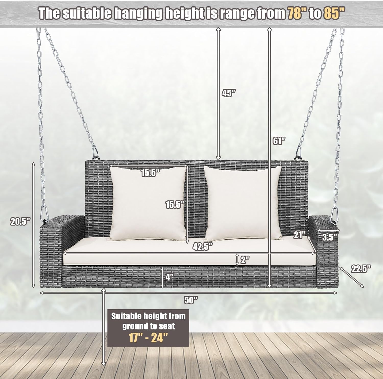 DORTALA Hanging Porch Swing, 2-Person Outdoor Wicker Swing Chair Bench with Cushions, Steel Chains for Garden, Backyard, Deck & Poolside, Mix Grey+Off White