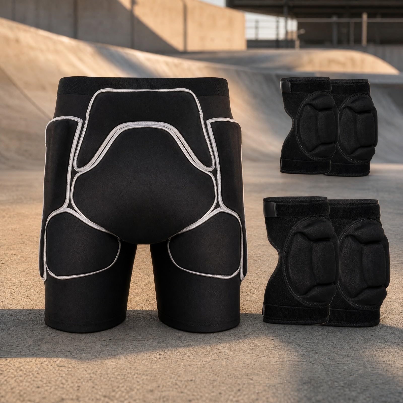 Pantaloncini Protettivi Imbottiti con Ginocchiere e Gomitiere Ergonomico Kit di Protezione con Pantaloncini, Ginocchiere e Gomitiere Regolabile , L
