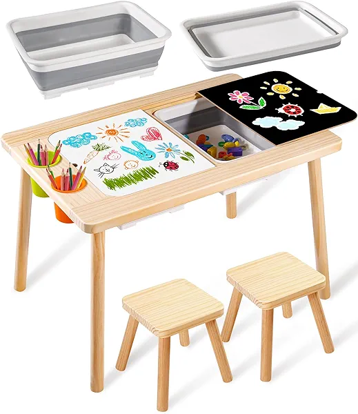 Purelax Children's Sensory Table with 2 Stool, Multifunction Toddler Play Sand Table Indoor Art Table Drawing Table for Kids, Toddler Sensory Table with 2 Storage Bin, 2 Stool, 2 Pen Holder