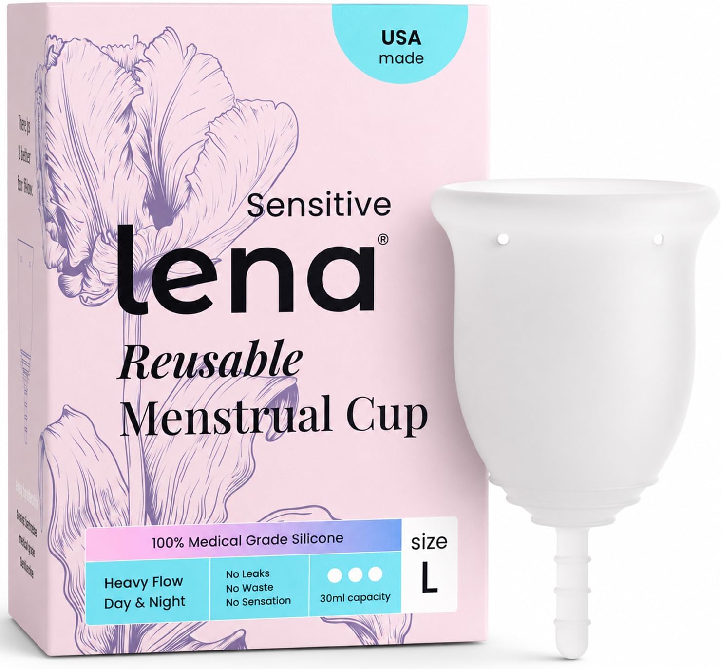 Lena Sensitive Menstrual Cup - Ultra Soft Medical-Grade Silicone Period Cups for Women Heavy Flow, Beginner-Friendly, Reusable 12-Hour Leak-Free Comfort & Feminine Care - Large, Clear