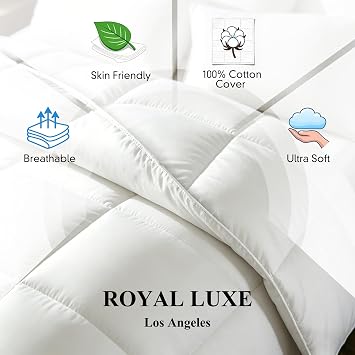 Royal Luxe Goose Feather Down Fiber Comforter - King Size Duvet Insert, 100% Cotton Cover All Season Comforter Ultra Soft Luxurious Hotel Bedding, 106x90