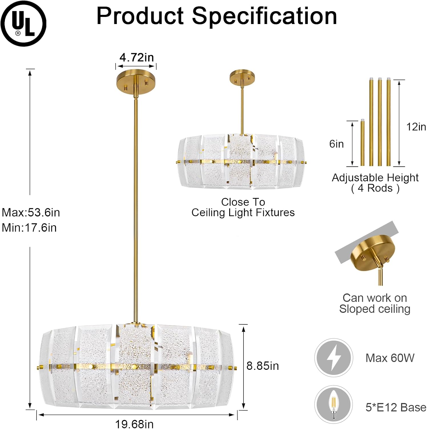 LynPon 20" Gold Glass Drum Chandelier, 5-Light Modern Ceiling Light Fixtures, Farmhouse Round Hanging Light, Chandeliers for Dining Room Kitchen Island Living Room Hallway Bedroom Foyer Living Room