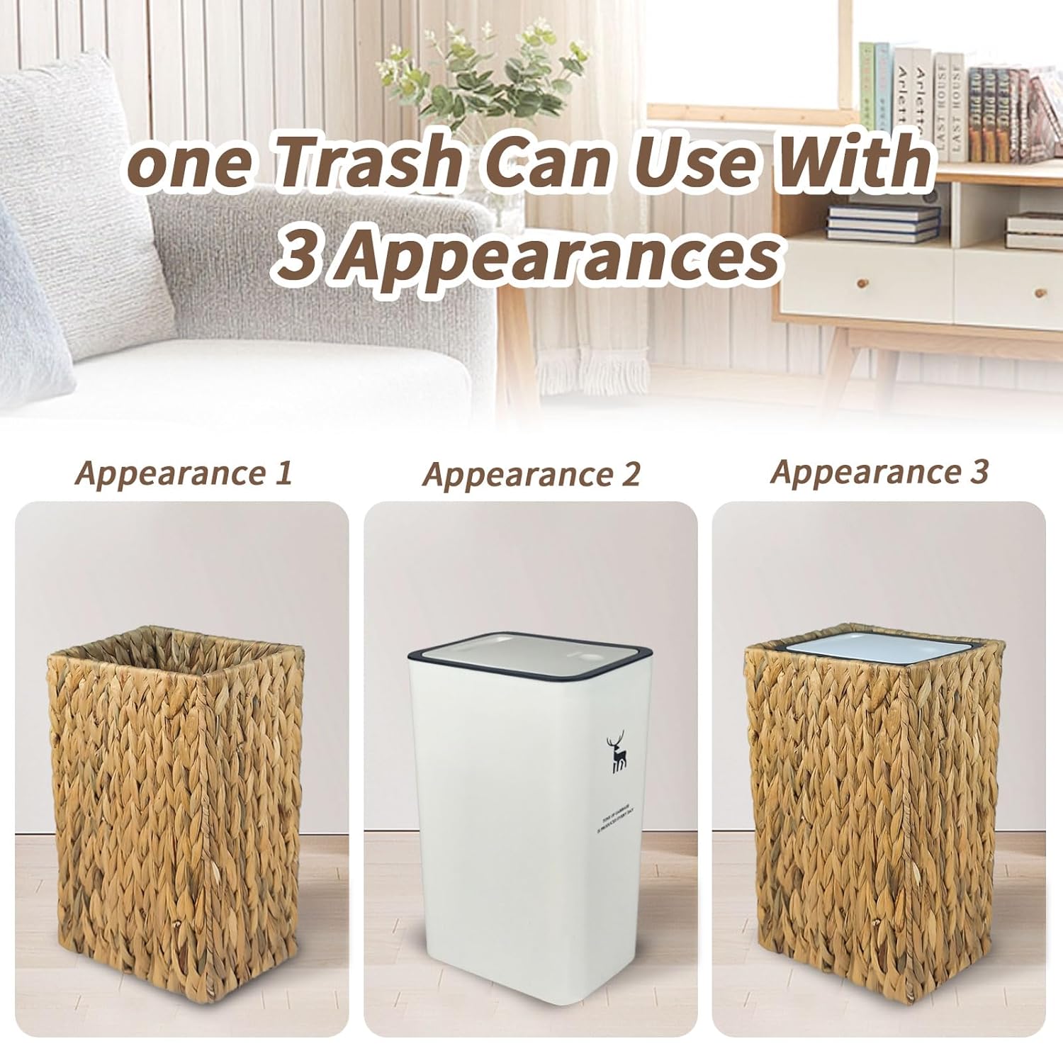 Wicker Trash Can,3 Gallon Wicker Waste Basket,Boho Handwoven Trash Can with Lid for Kitchen Bathroom Office