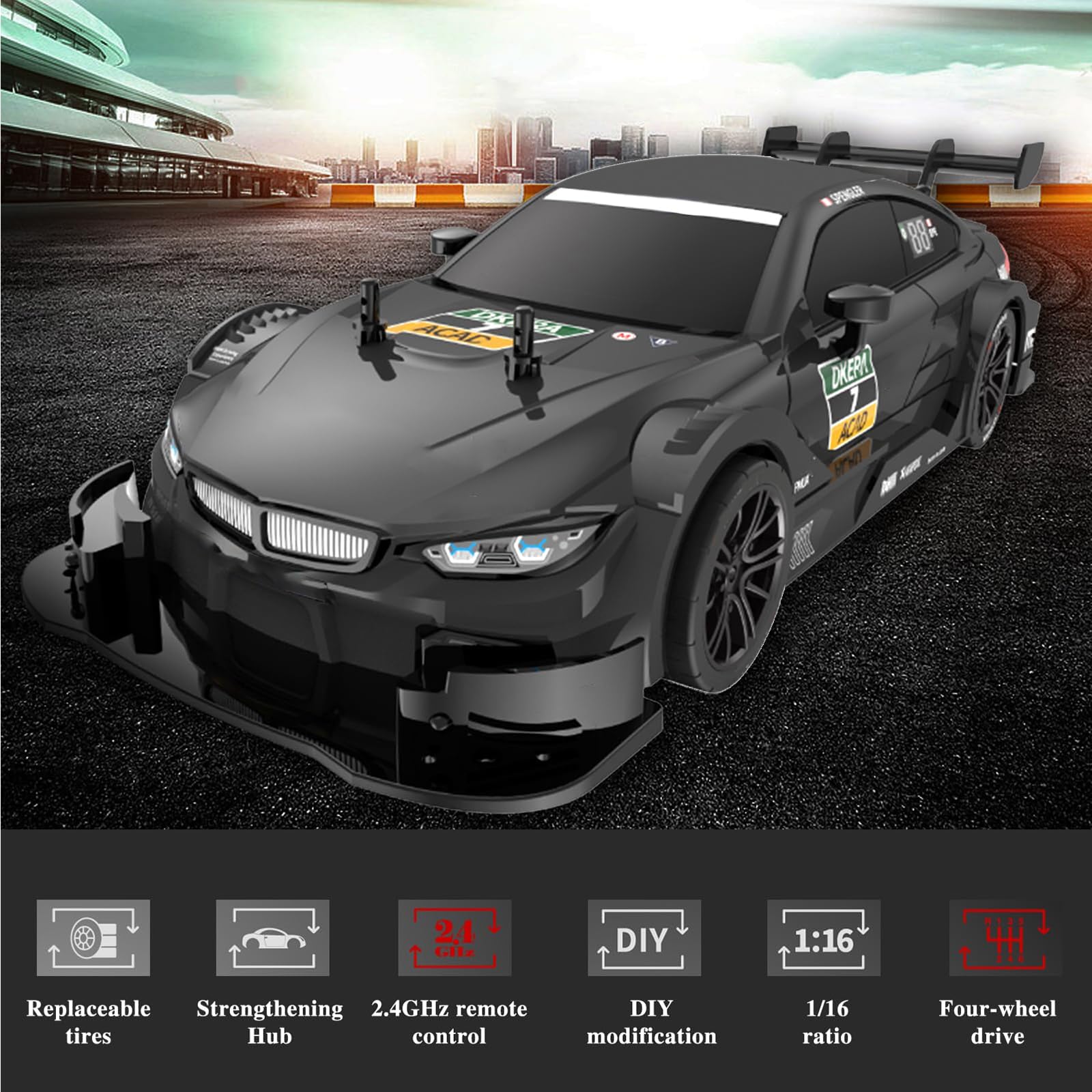 Goolsky zdalnie sterowany samochód, 40KM/H drift 1/16 4WD 2,4GHz RC z bezstopniowo zmienną prędkością, wymienne opony do driftu i wyścigów