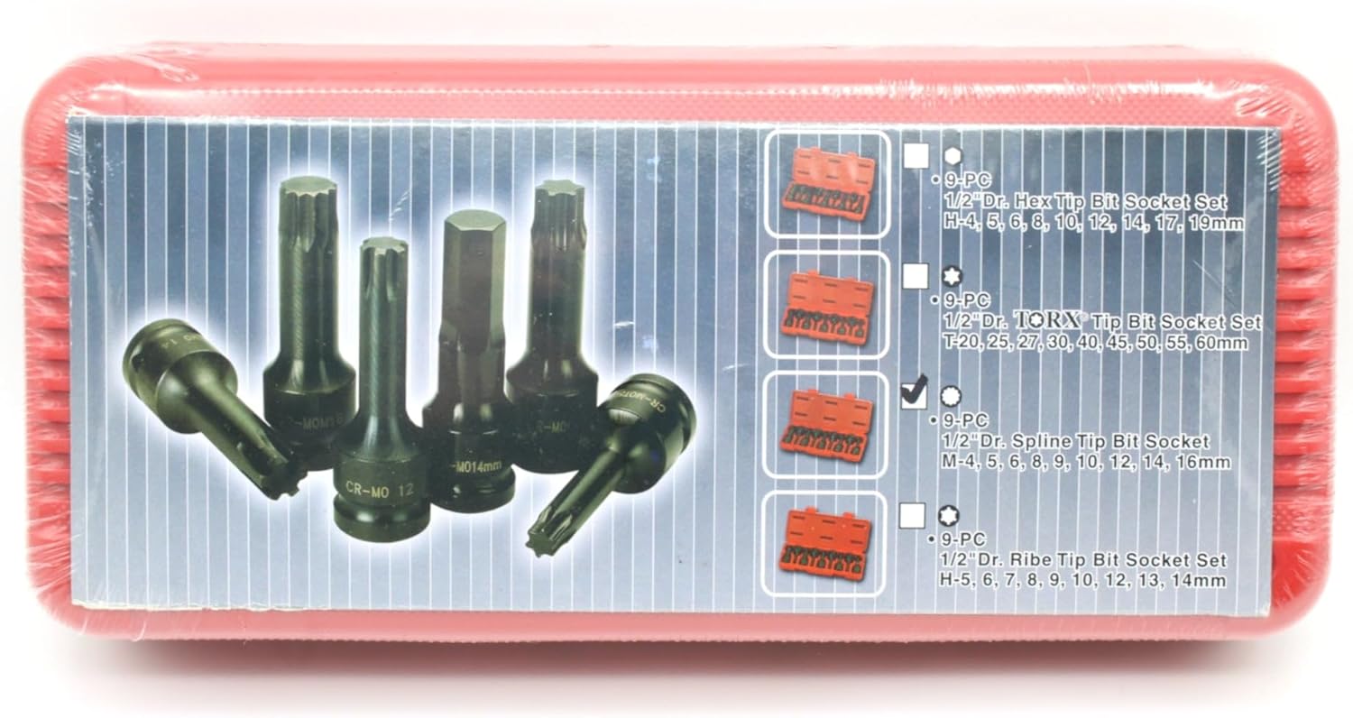 9 pc Spline 12 Point 3 Inch Long Black Impact Bit Socket Set 1/2 Inch Square Drive Auto Repair Tool