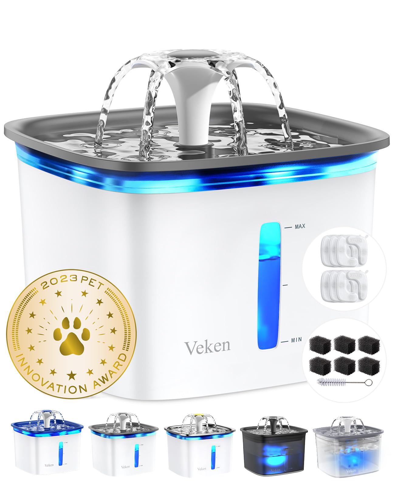 Veken Innovation Award Winner 95oz/2.8L Pet Fountain, Automatic Cat Water Fountain Dog Water Dispenser with 6 Replacement Filters & Silicone Mat for Cats, Dogs (Grey, Plastic)