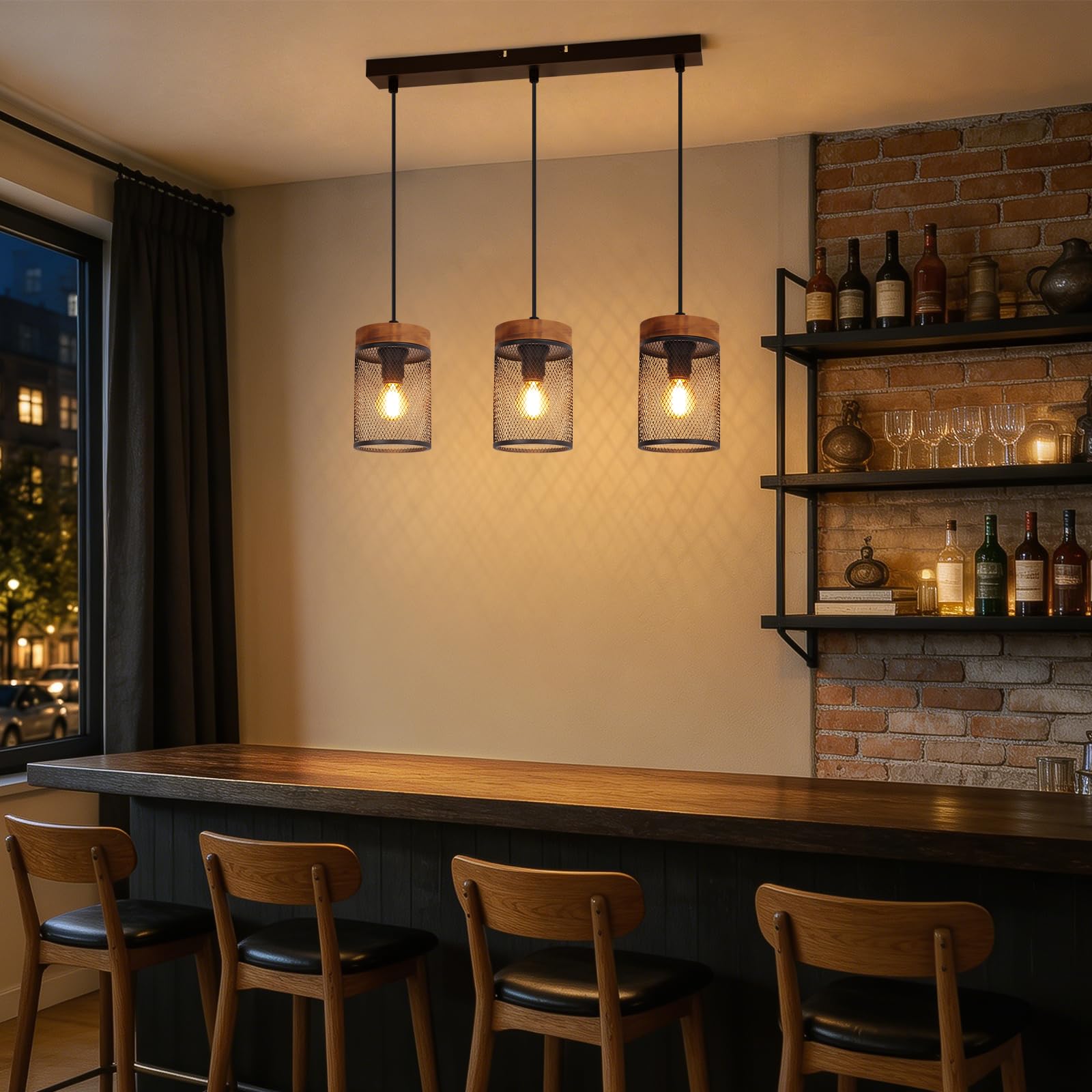 ZMH Lámpara colgante de comedor de madera negra lámpara colgante vintage | de 3 bombillas E14, estilo industrial, lámpara de comedor, lámpara colgante retro para salón - bombillas no incluidas