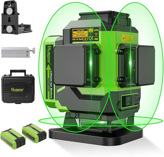 Huepar Laser level 3D Green Beam Self-Leveling Leveling 3 x 360 Cross Line and Alignment Tiling Floor Laser Tool,2 Li-ion Batteries with Type-C Charging Port & Magnetic Bracket, Hard Carry Case-LS03DG