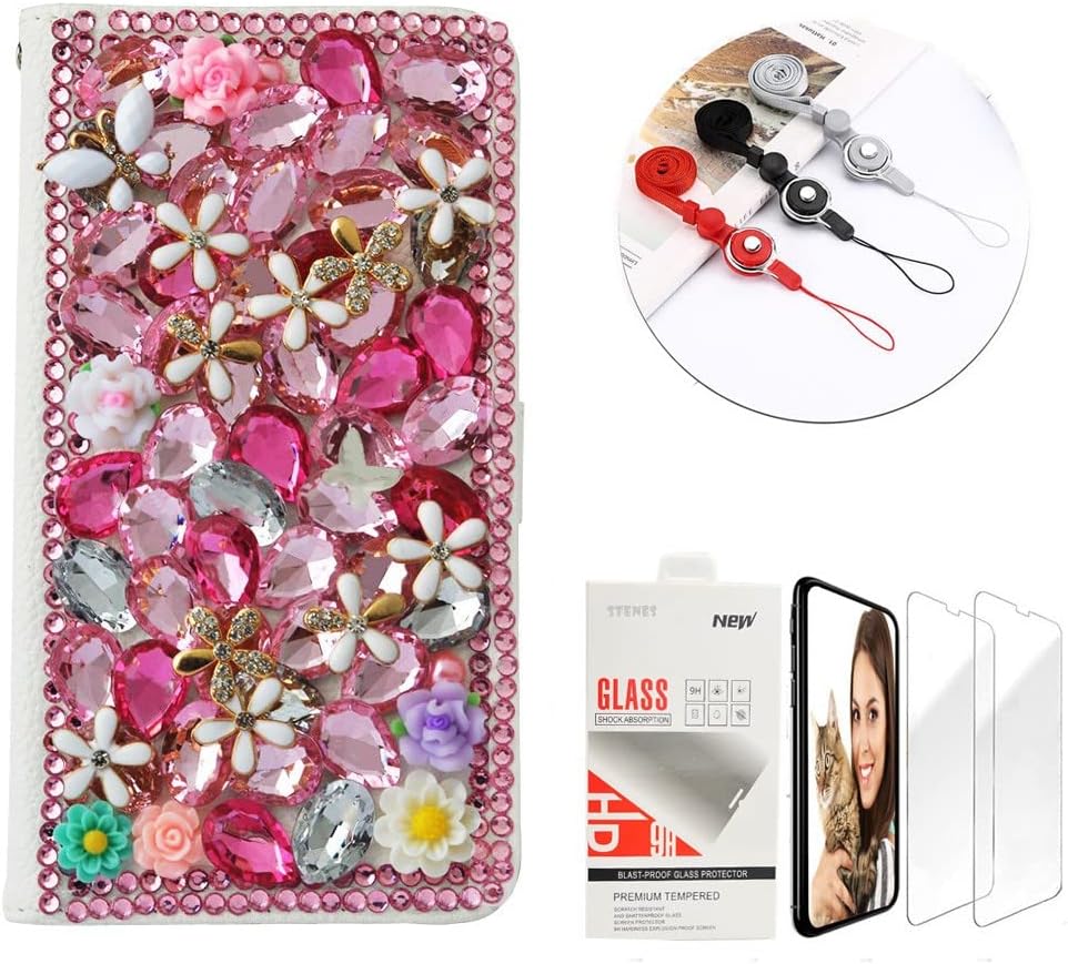 STENES Bling Wallet Phone Case Compatible with Samsung Galaxy A20 / A30 - Stylish - 3D Handmade Flowers Floral Design Leather Cover with Screen Protector & Neck Strap Lanyard - Pink
