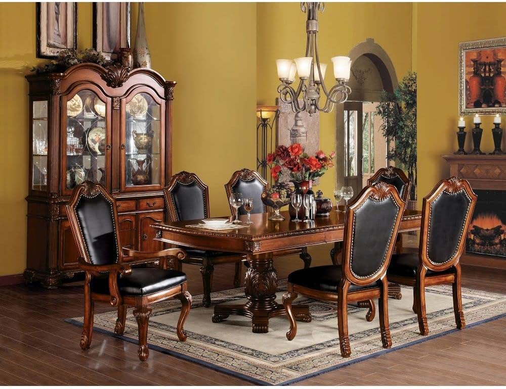 7-Piece Dining Kitchen Set with Dining Extendable Table, 4 Side Chairs and 2 Arm Chairs, Set for 6 Persons, Cherry (A)