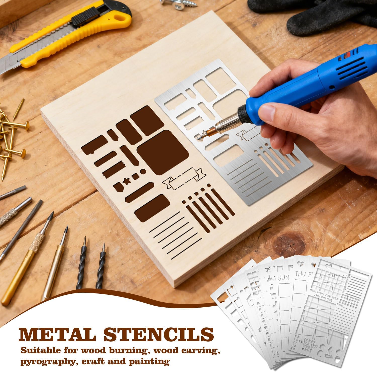 Eageus 8 Pcs Metal Stencils Wood Burning Stencil Lettering Stencils for Journaling, Reusable Painting Template for Wood Carving Drawing Engraving Journal Craft DIY(Journal Style)