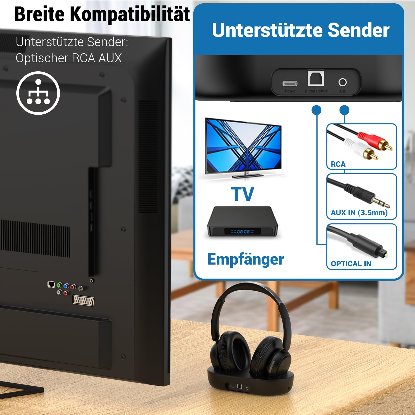Funkkopfhörer für Fernseher, kabellose TV-Kopfhörer mit TV-Sender-Ladestation für Senioren, Hörgeschädigte, Keine Audioverzögerung, Blutooth-Kopfhörer, Plug-and-Play, Schwarz