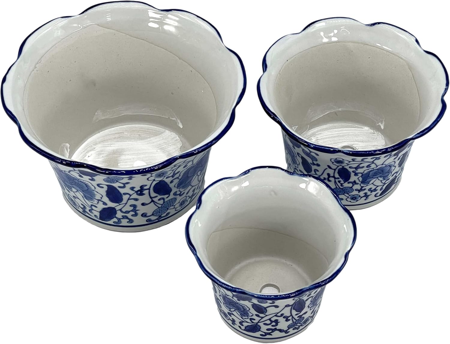 Galt International Blue & White Floral Porcelain Ceramic Decorative Flower Pot 8"/6"/4.5" Garden Pots Chinese Asian Design - Set of 3 Cylinder Fluted Edge