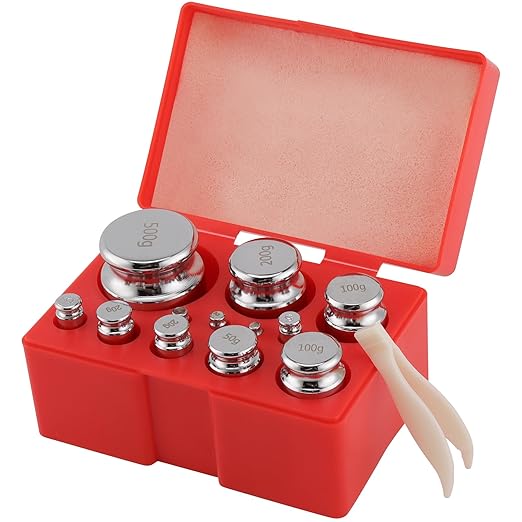 FUNSUEI 12 PCS Steel Calibration Weights, Scale Calibration Weight Kit with Storage Box, Gram Weights Calibration for Jewelry Scale and Digital Scale, 1g/2g/5g/10g/20g/50g/100g/200g/500g