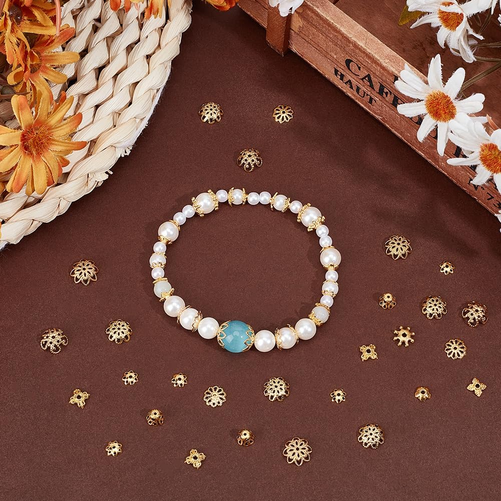 PH PandaHall 890pcs Golden Flower Bead Caps Bulk 10 Styles Spacer Beads Caps Metal Filigree Flower Spacer Beads Alloy Jewelry Bead End Cap for Bracelet Necklace Earrings Jewelry Making Supplies