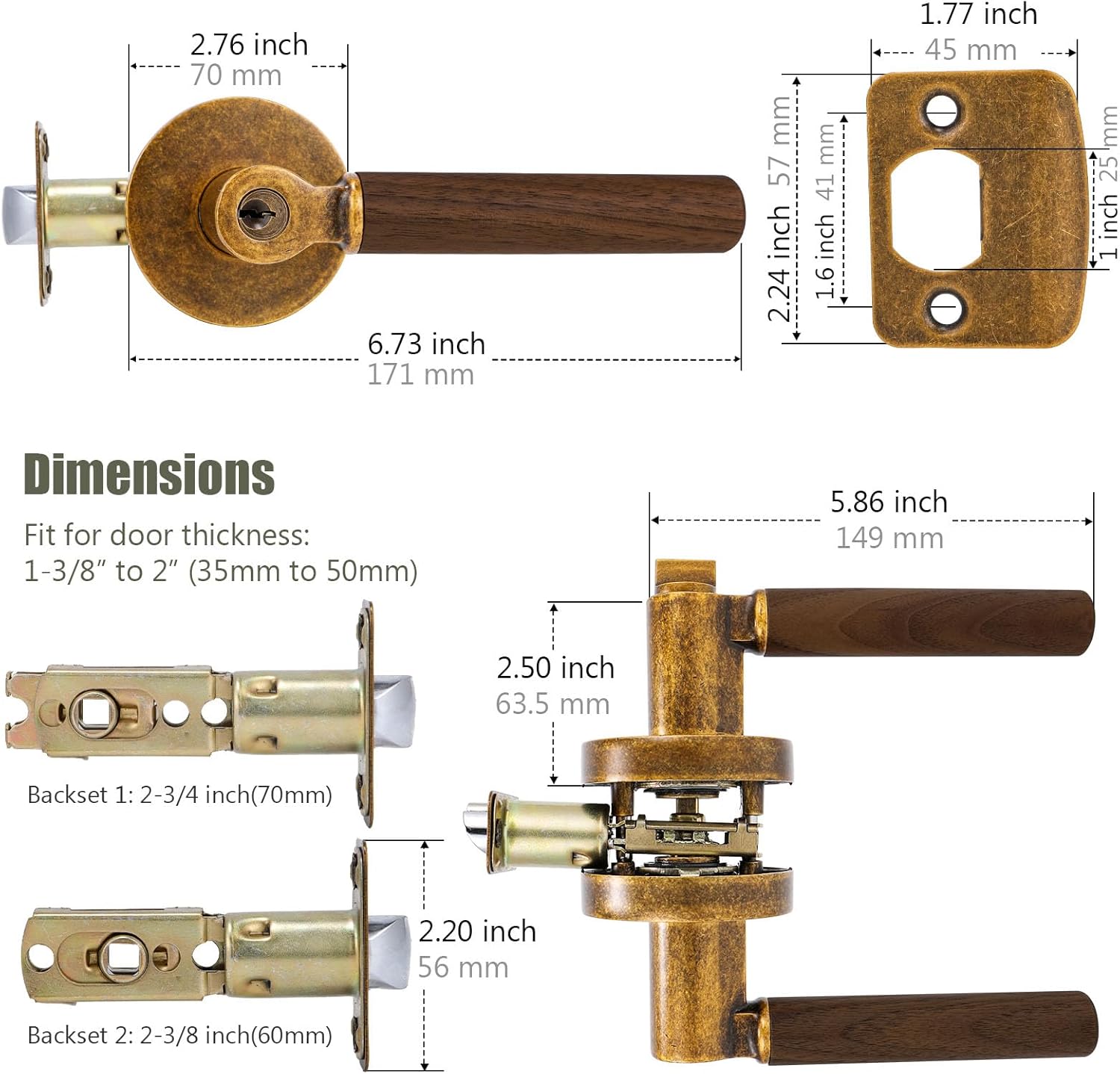 Walnut Wood Privacy Door Lever - Reversible Keyless Locksets Door Handles for Interior Bedrooms & Bathrooms, Zinc Alloy Base (Aged Brass, Privacy)