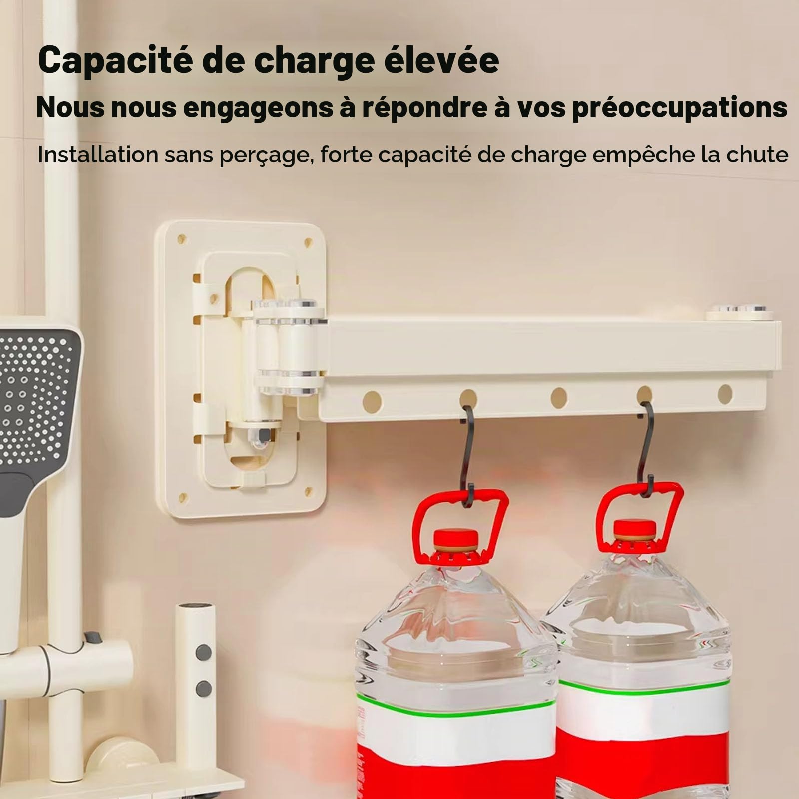 Tringle à Rideau de Douche Pliable Avec Rideau de 180 Cm,Blanc crème | Adaptée Aux Baignoires Ou Aux Douches, Pare Baignoire Sans Percage