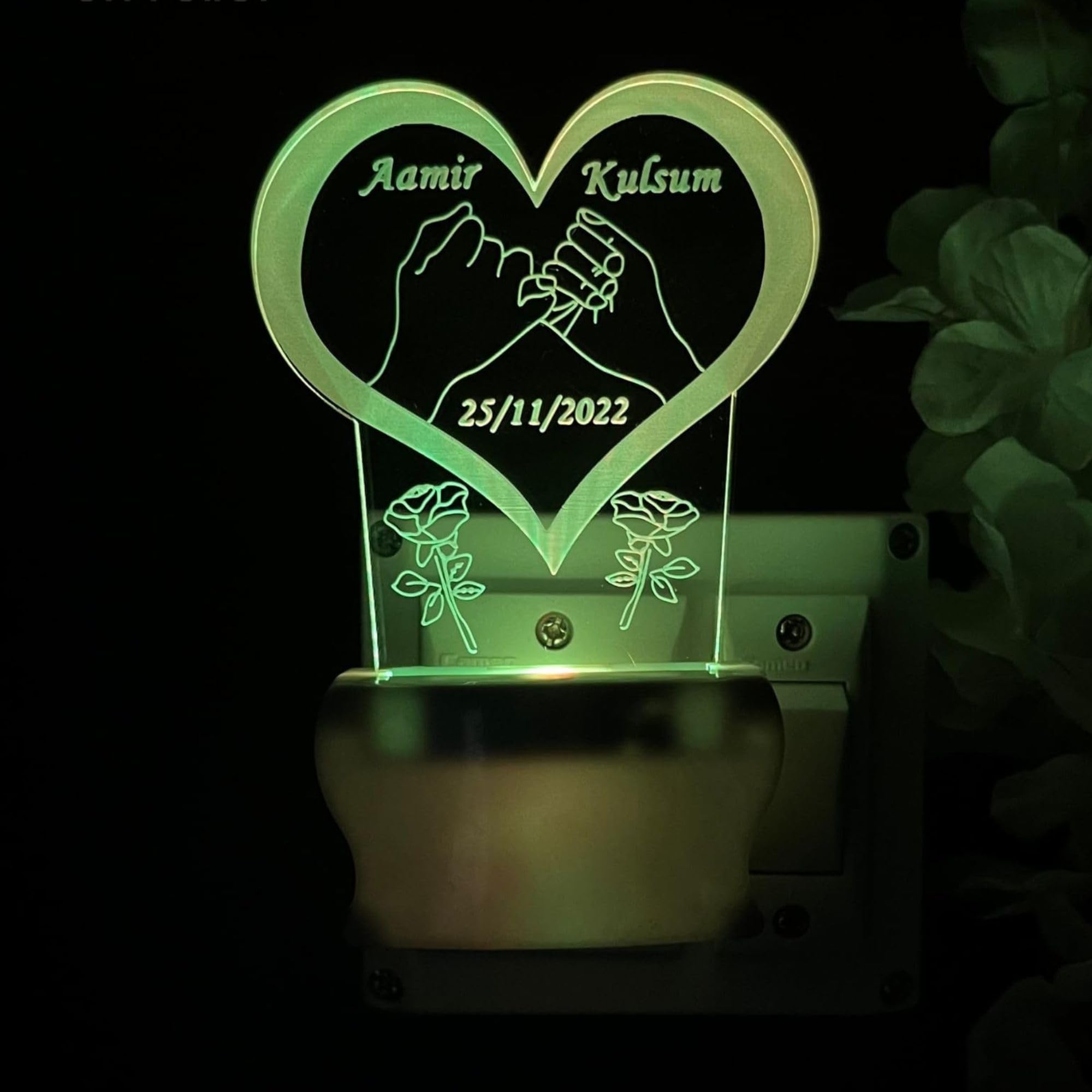 SHAYONA Personalized Couple Name And Date In Love Heart Acrylic 3D Illusion Plug In LED Night Lamp Gift For Couple,Valentine'S Day,Anniversary,And Birthday With Changing 7 Auto Colour-13CM.,Multicolor 4