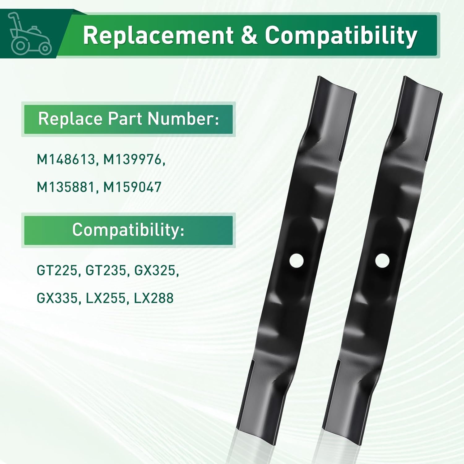 M148613 High Lift Blades for 42" Deck, Compatible with John Dee-re GT225 GT235 GX325 GX335 GX345 LX255 LX280 X324 Lawn Mower, Replaces M135881 M139976 M159047, 2 Pack