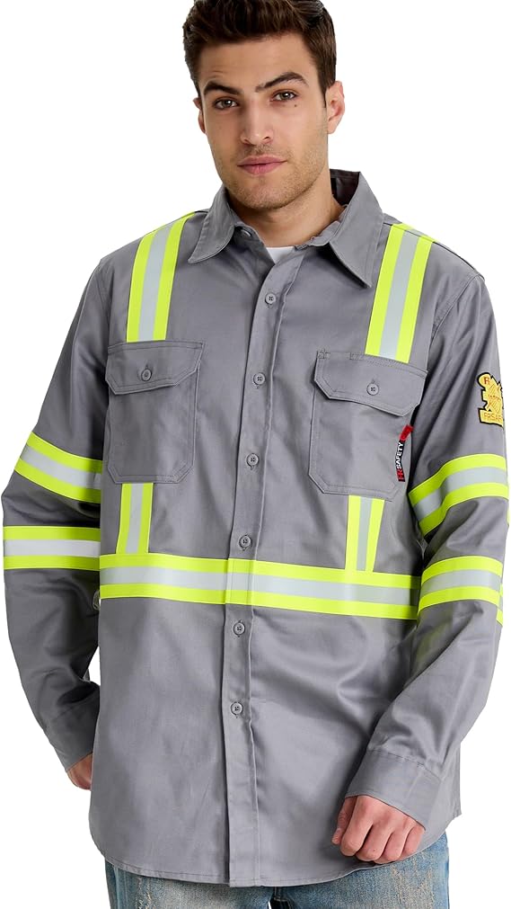 SRsafety Hi Vis FR Shirts for Men,7.0oz Long Sleeve FR Work Shirts,100% Cotton High Visibility Fire Shirt