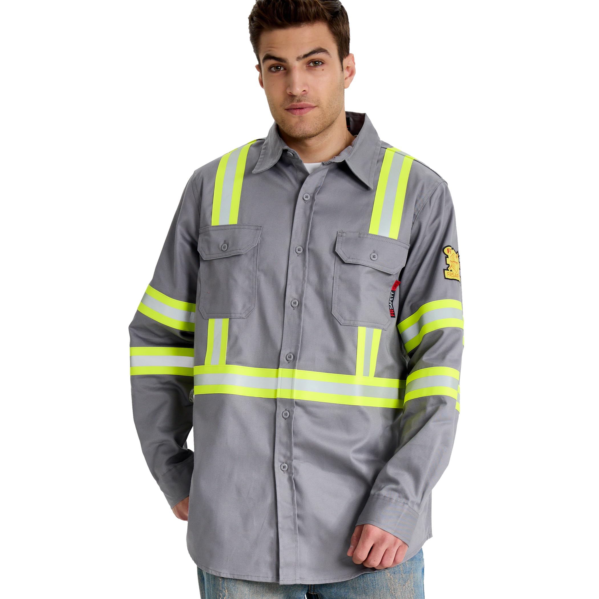 SRsafety Hi Vis FR Shirts for Men,7.0oz Long Sleeve FR Work Shirts,100% Cotton High Visibility Fire Shirt