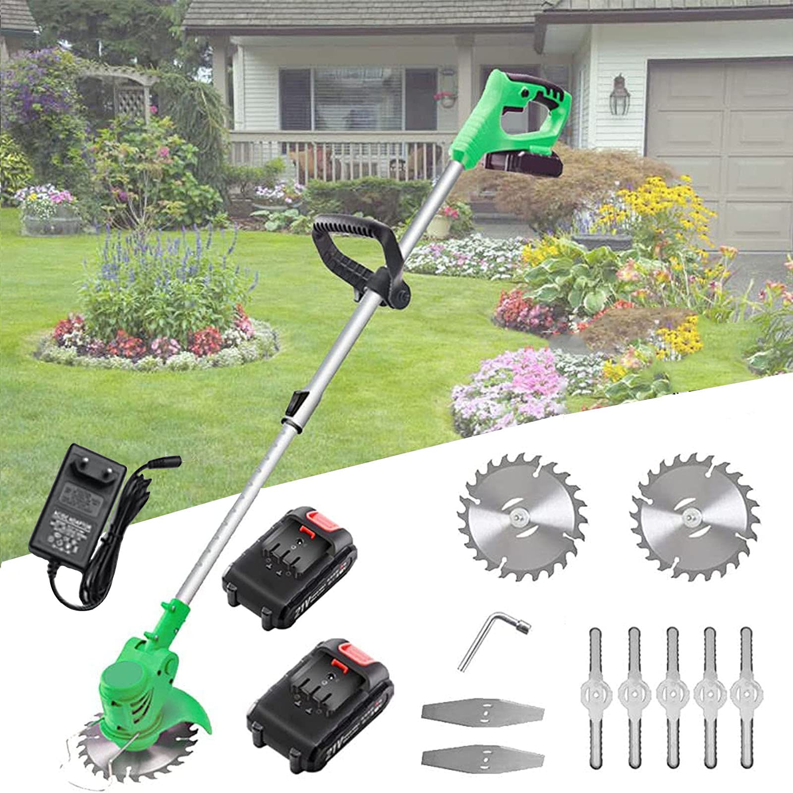 Desbrozadora Electrica Cortabordes Bateria 24V Cabezal Ajustable De 90° Inalámbrica Cortacesped,con Extractor De Malezas para Exterior, Patio, Césped Y Jardín,Verde