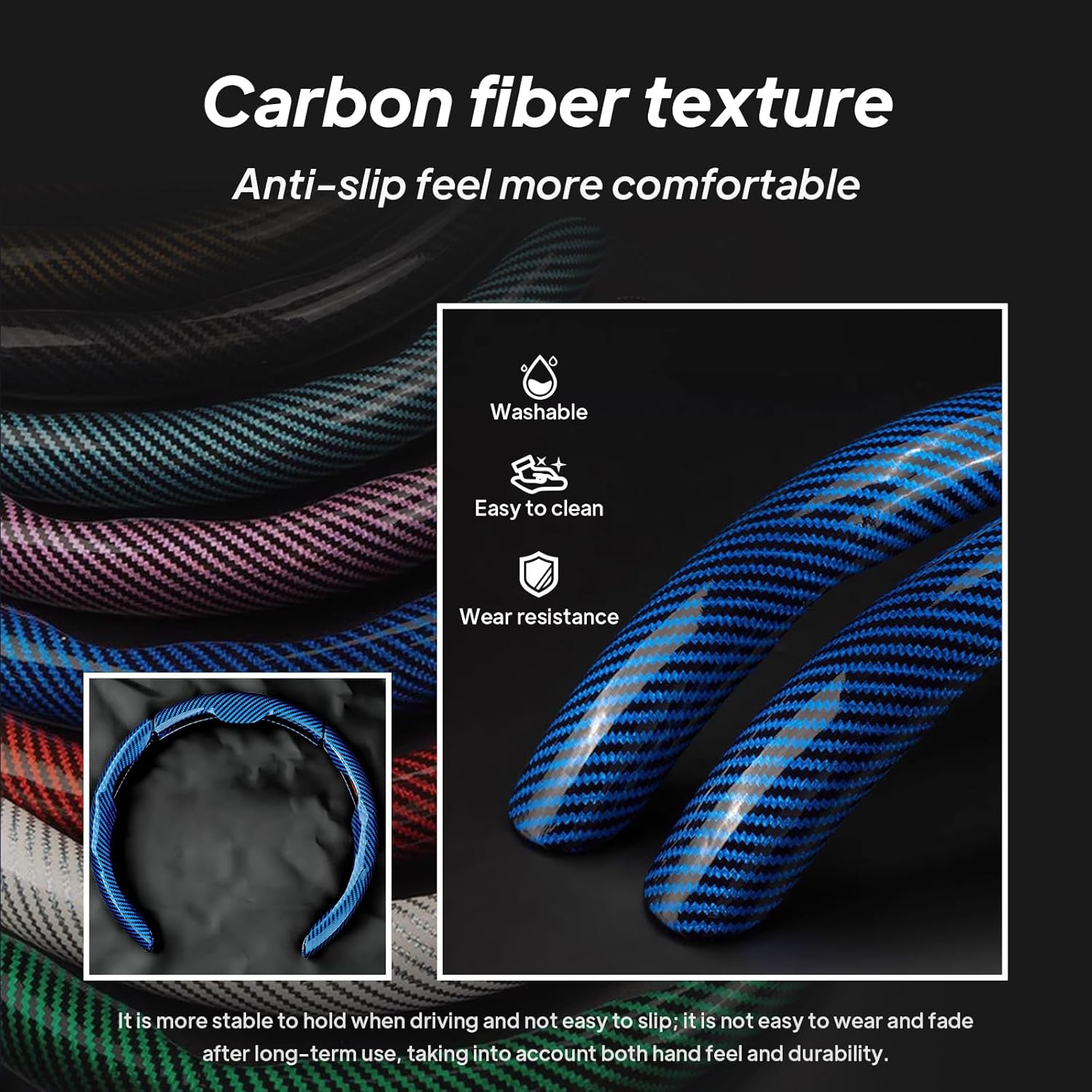 HIBEYO 3Pcs Set Steering Wheel Cover Fit for Volkswagen Golf Jetta Passat Polo Arteon Tiguan T-ROC Taos Touran Sharan Accessories 14.5-15 inch Carbon Fiber Pattern PVC Material（Black