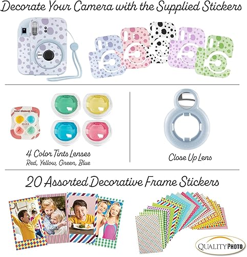 Miniatura 4 de Fujifilm Cámara instantánea Instax Mini 12 con funda, calcomanías decorativas, marcos, álbum de fotos y más kit de accesorios (azul pastel)