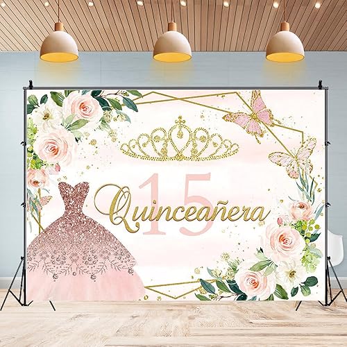 Miniatura 4 de Telones de fondo de cumpleaños de quinceañera Mis Quince Anos 15 cumpleaños fotografía fondo rosa floral mariposa vestido de fondo de foto de