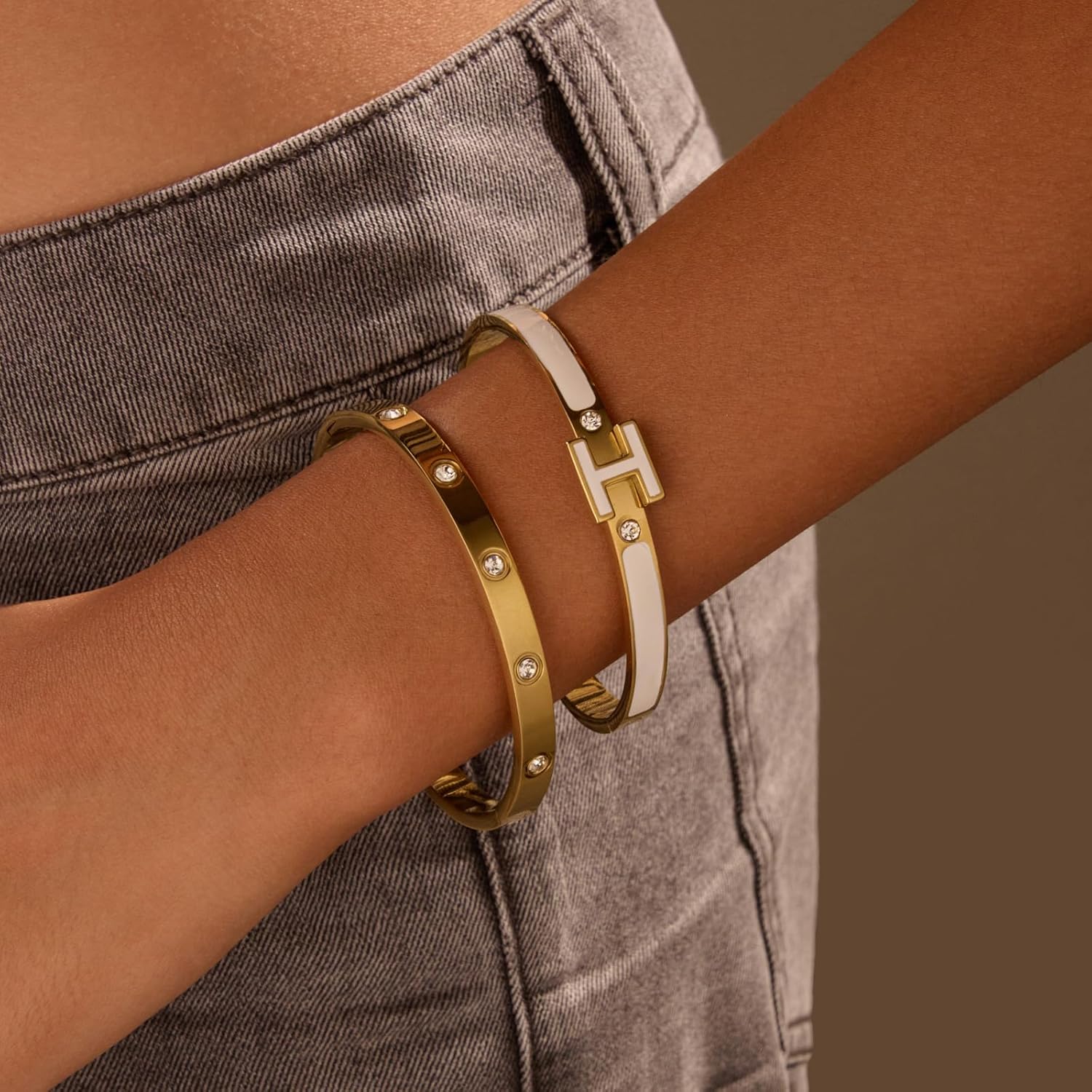 UOOANUO 14K Gold Plated Love and H Bangle Bracelet Stackable Stainless Steel Bracelets Set for Women Trendy Jewelry - Image 3