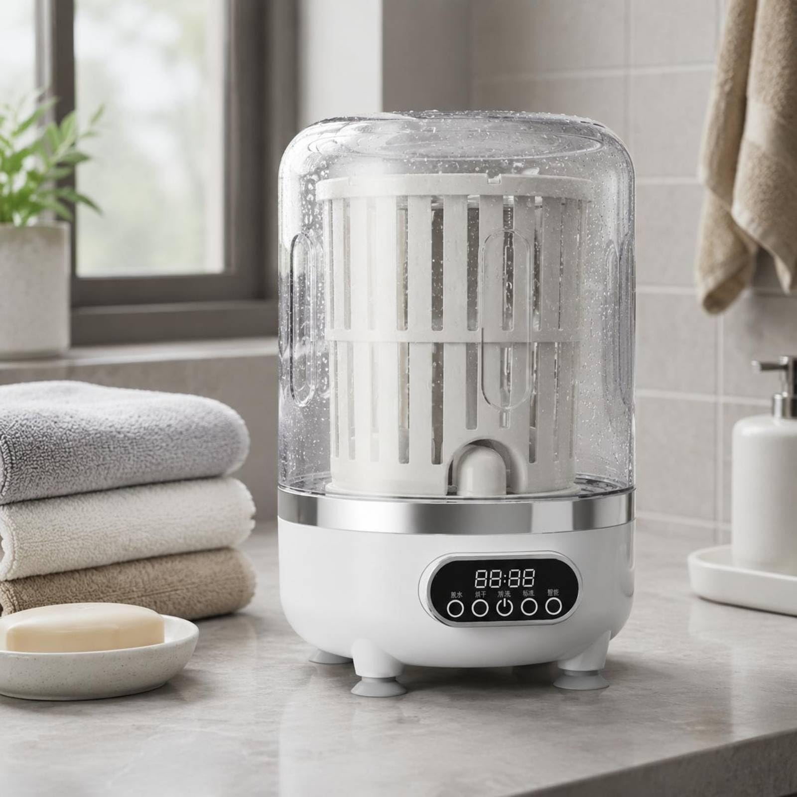 Mini Lavadora Portátil Compacta USB Secadora Giratoria Tamaño 25.5x15cm para Espacios Reducidos Plástico Adecuada para Encimera Cocina Baño Separación de Ropa, Blanco