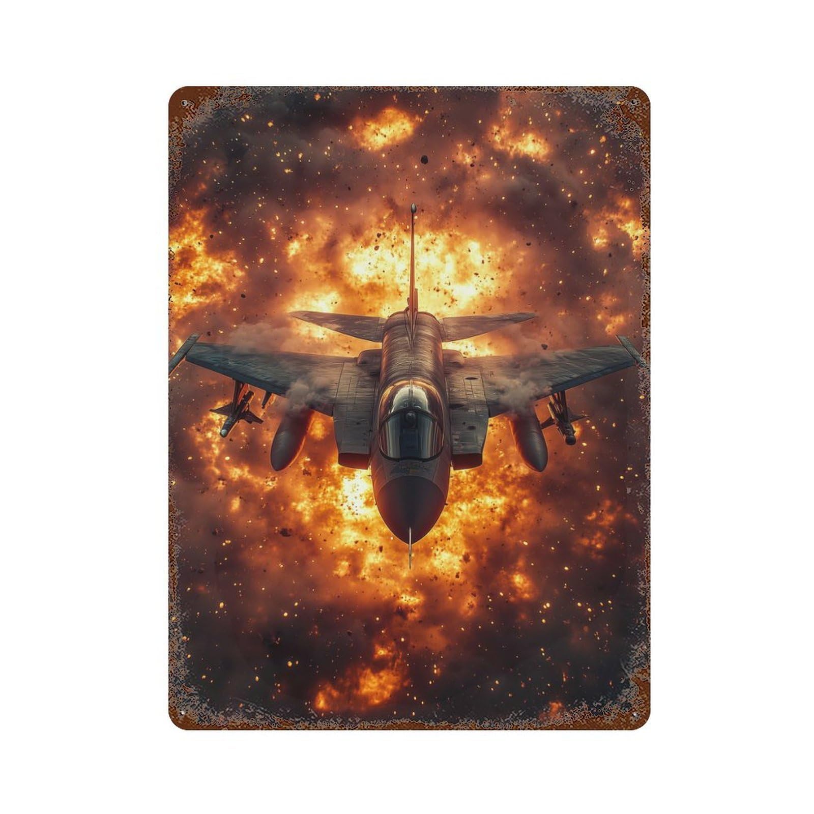 Rustic Tin Plaque Jet Fighter in Explosion 15.7"x11.8", Rustic Home Decor for Office, Studio And Wall Decor