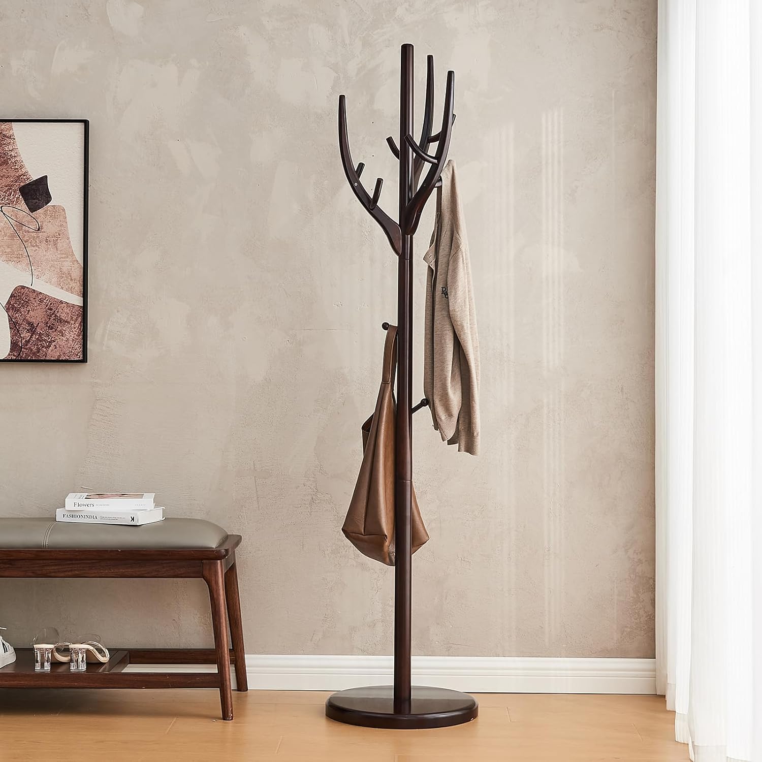 CozyDH Coat Rack Wooden Freestanding - Wood Coat Rack Freestanding Heavy Duty, Wooden Coat Stand with 12 Hooks Creative Tree Branch-look for Entryway, Hallway, Bedroom (Dark Walnut)