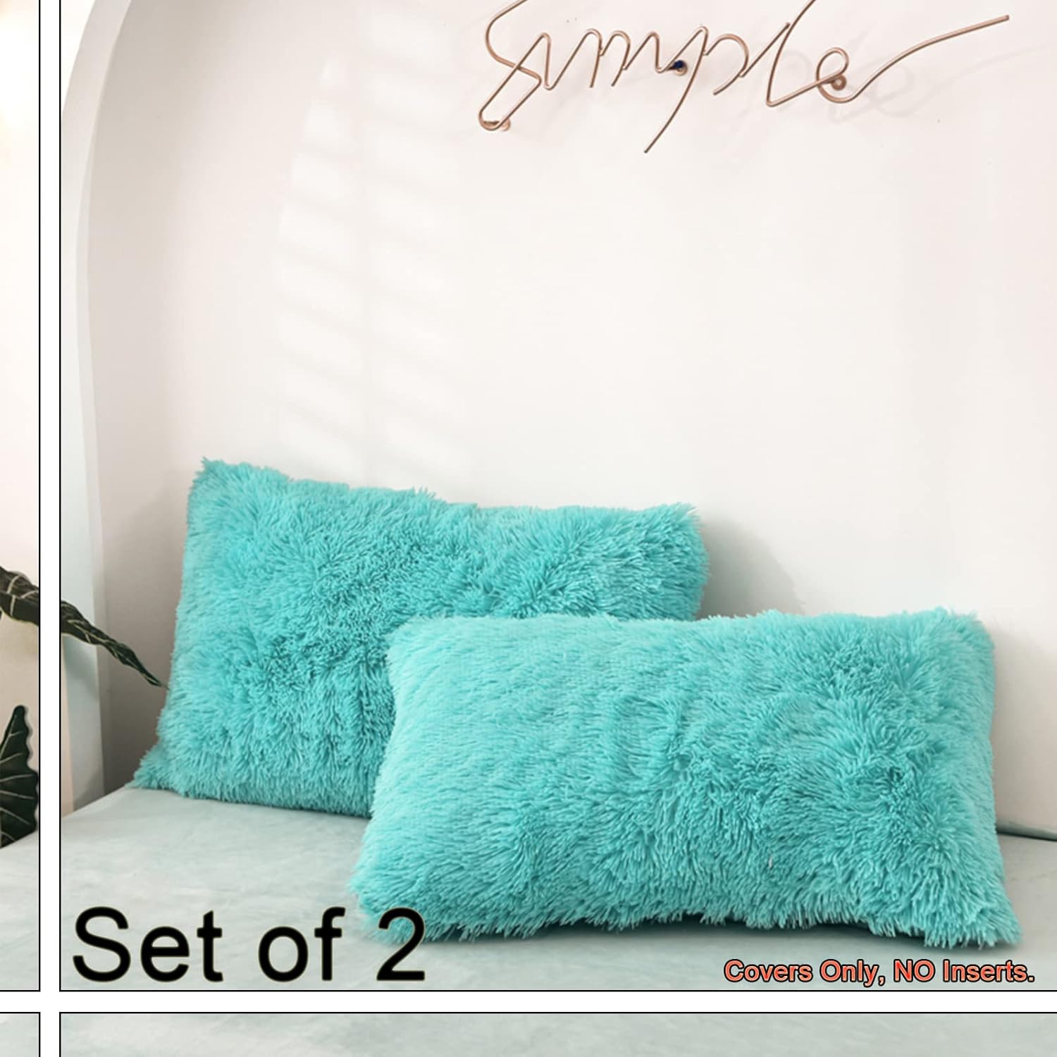 MorroMorn Decorative Pillows Covers, 2 Packs Faux Fur Pillow Cases, Luxury Shaggy Throw Pillowcase Cushion Shams with Zipper Closure Home Decor for Couch Sofa Bed Room (Aqua, King/California King)