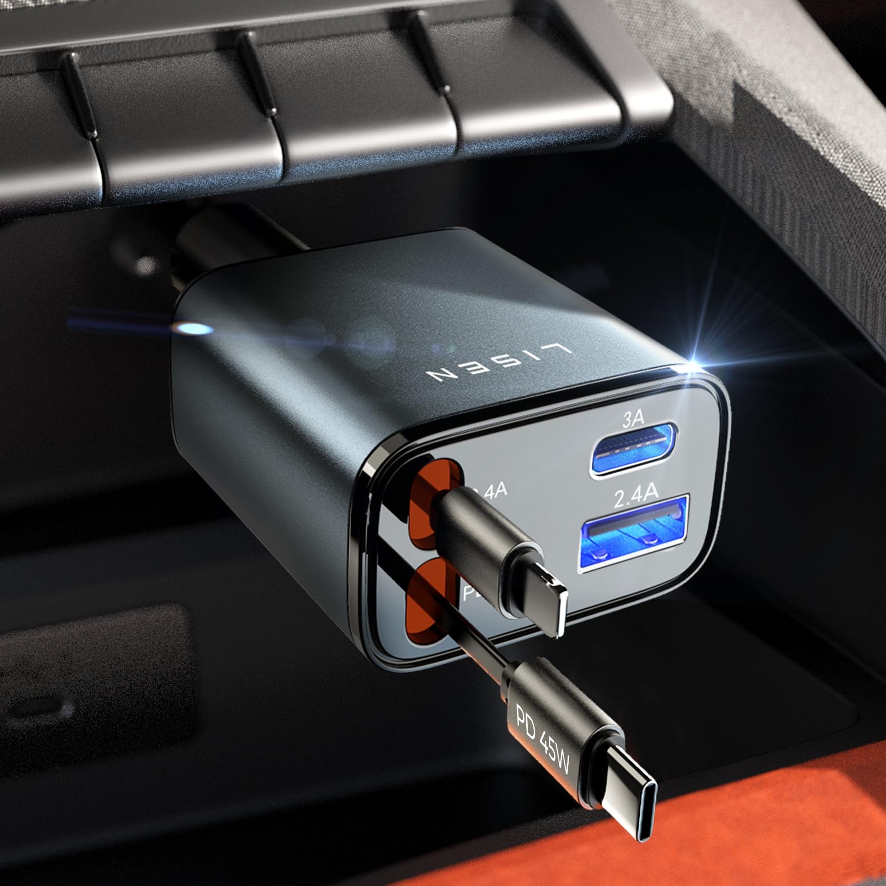 LISEN 車充電器 巻き取り式 シガーソケットUSB 4in1 PD45W急速充電