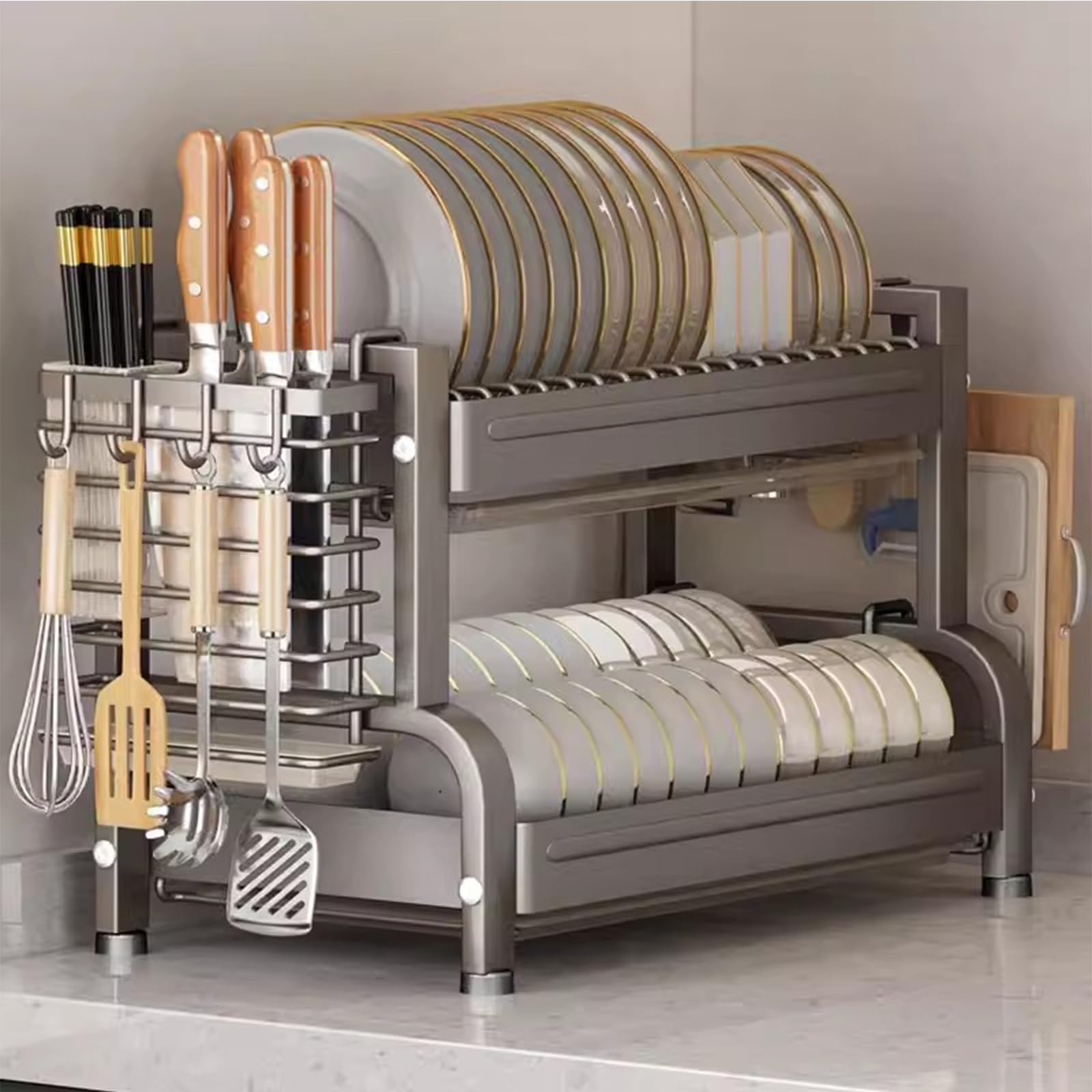 Égouttoir à vaisselle à 3 niveaux avec égouttoir – Égouttoir de cuisine multifonction peu encombrant pour une organisation efficace