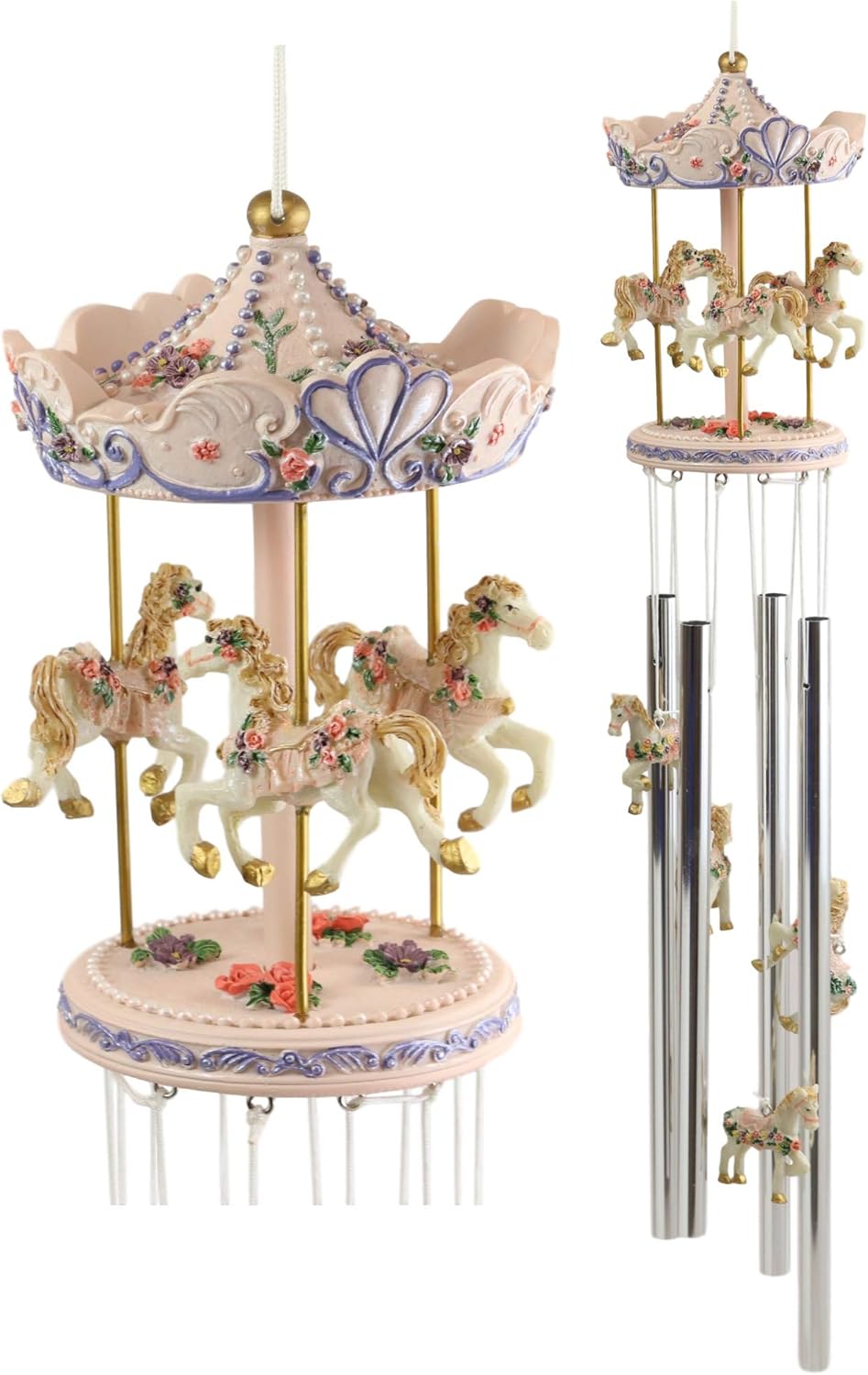 Ebros Gift Pink Carnival Canopy Pony Horses Carousel Figurine Crown Top Resonant Wind Chime With Miniature Ponies Ornaments For Garden Patio Home Animal Themed Decorative Accent Circus Fairs Festivals