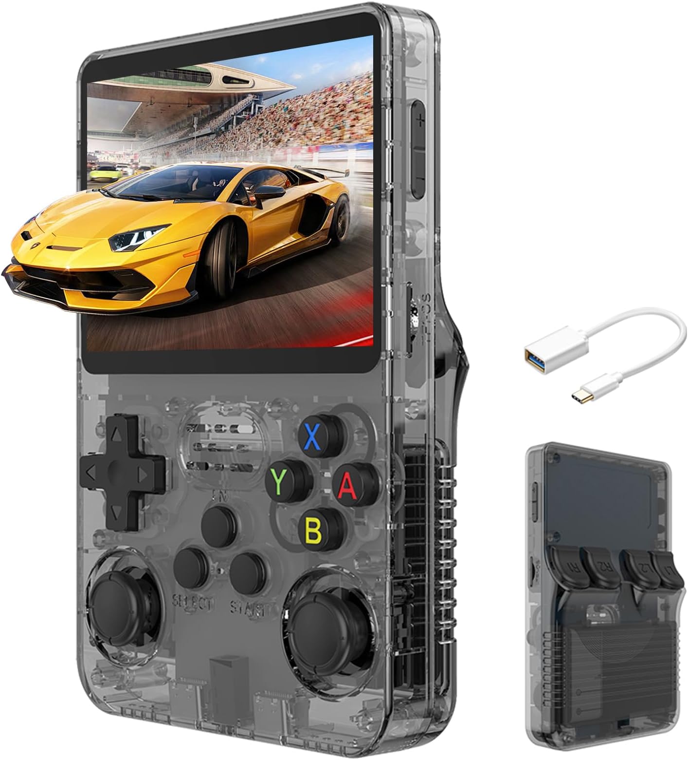 R36S Handheld Game Console, Retro Handheld Video Game Console 3.5 Inch IPS Screen Open Source Linux System Built-in 15000+ Games, 32G+64G TF Card, Black