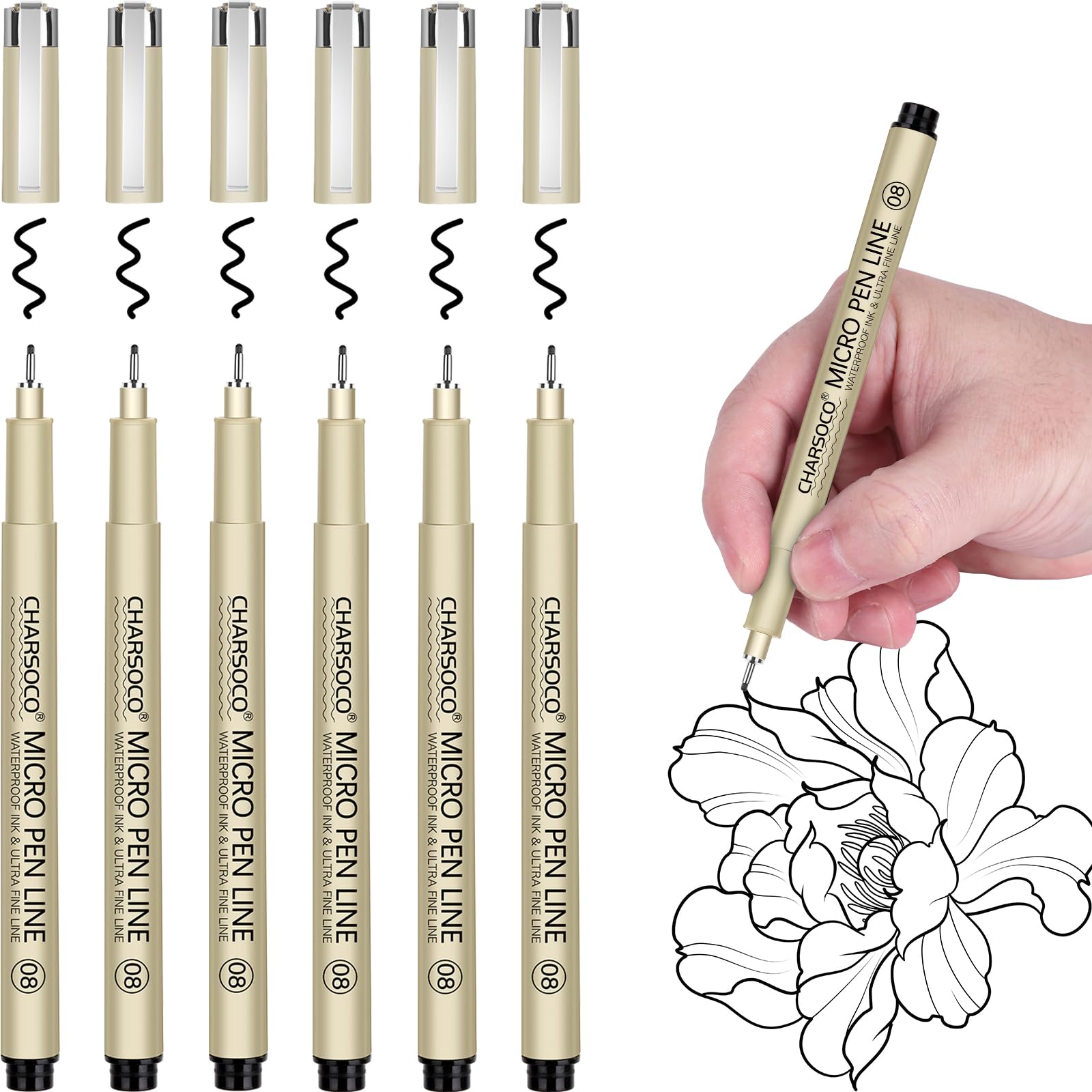 CHARSOCO 08 Micro Pen, 6 Pack Black Fine Point Pen with Waterproof Archival Ink, 0.52mm Fineliner Ink Pens for Artist Illustration, Sketching, Anime, Manga, Technical Drawing and Scrapbooking