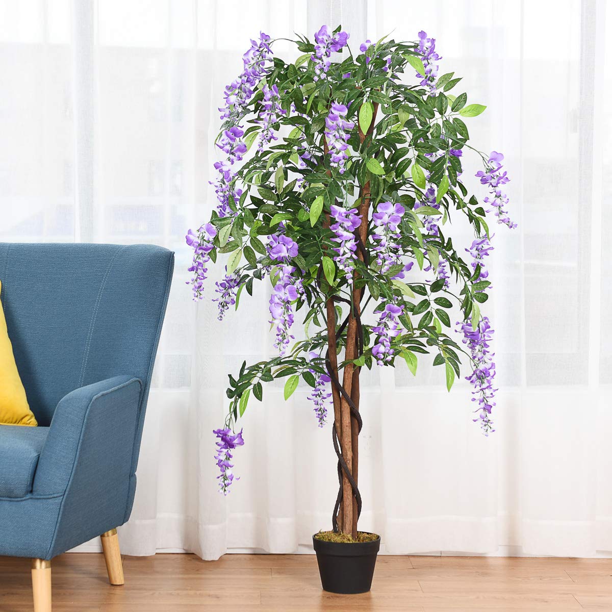 COSTWAY Kunstbaum mit Blüten, Kunstpflanze im Topf, Zimmerpflanze mit natürlichen Blättern & 3 Stämmen, Künstlicher Baum Kunstblume Lila, Dekopflanze künstlich, Grünpflanze 150 cm
