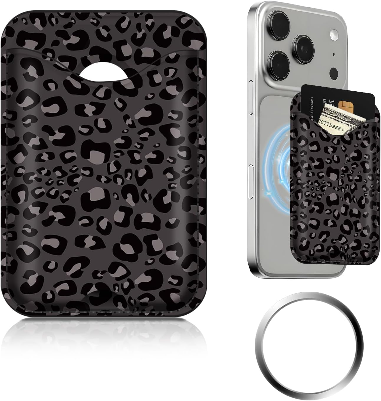 Compatible with Magsafe Wallet Magnetic Phone Card Holder for Phone Case, Cute Leather Stronger Magnetic RFID Phone Wallet for Women Men Black Leopard Spots