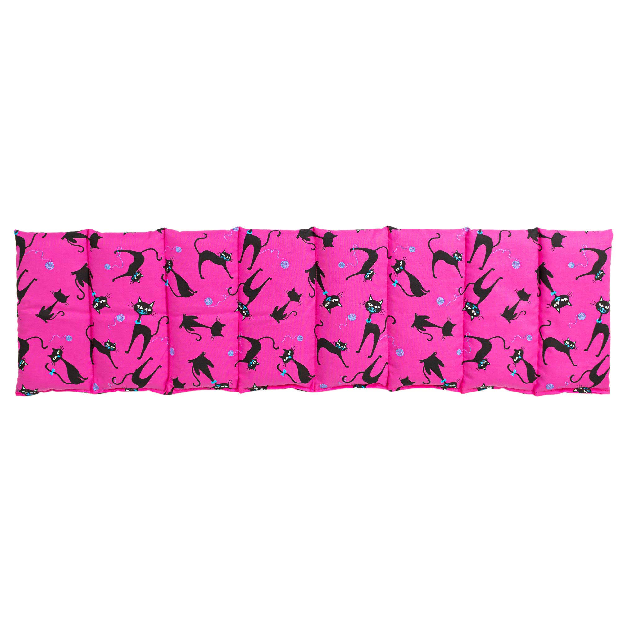 Saco térmico con pepitas de uva compartimentado en 8, 75x20cm - gato negro fondo fucsia - Almohada térmica para microondas - Calor y frío - Cojín térmico con semillas