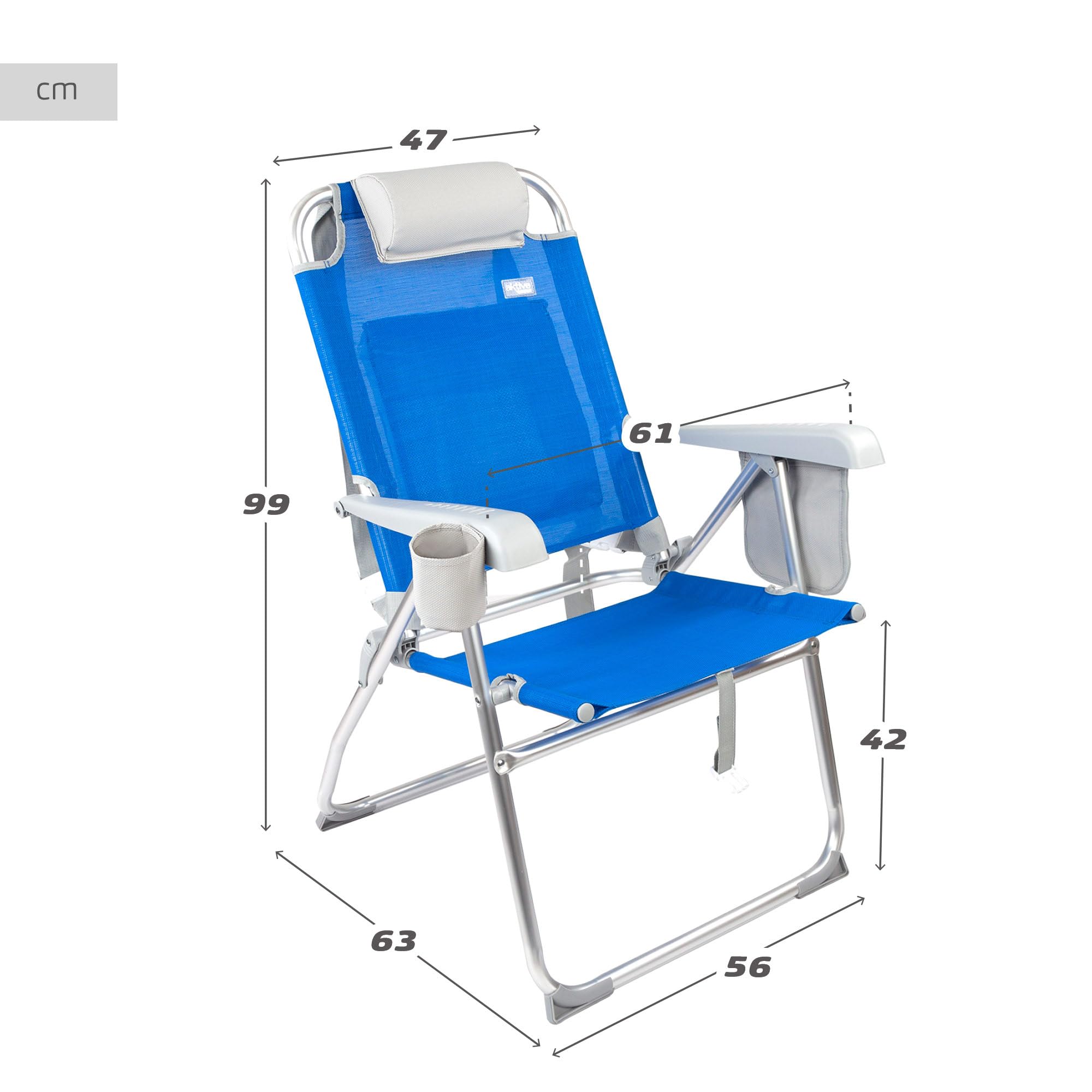 AKTIVE Lot de 2 chaises de Plage Pliantes, 47 x 63 x 99 cm, 8 Positions, Couleur Bleue, supportent 110 kg, avec Coussin, Dessous de Verre, Poches, poignées de Transport, butées Anti-retournement,