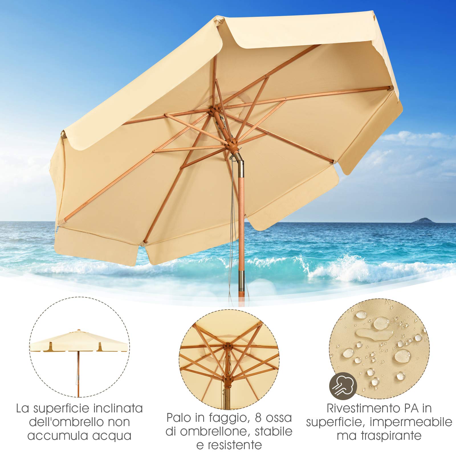 GYMAX Ombrellone da Giardino 3x3 M, 8 Stecche in Legno Massello, Ombrellone Inclinabile con Copertura Impermeabile e Resistente al Sole, per Terrazzo Patio (Beige)