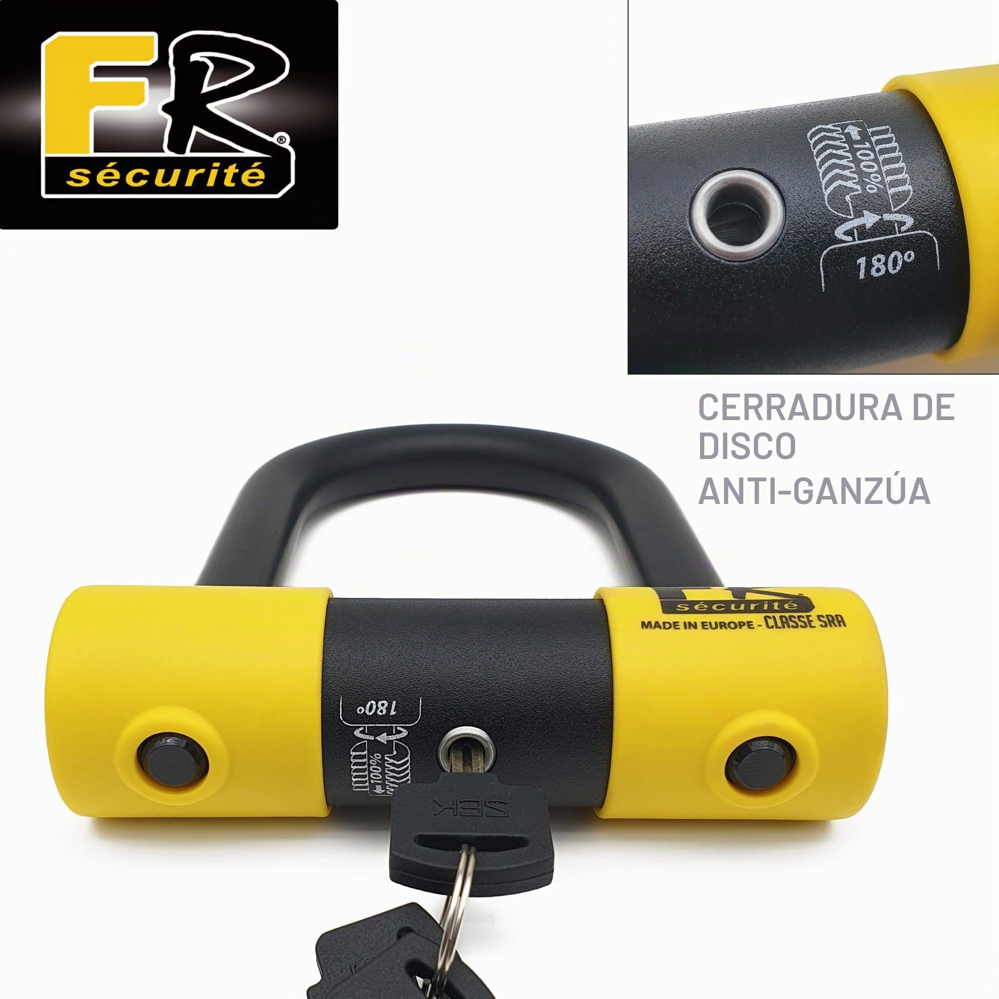 FR SECURITE FR85120 Candado Moto U Alta Seguridad Homologado SRA, Horquilla ø18 Acero Endurecido Doble Bloqueo Antirayones, Cerradura Antiganzúa, U lock Antirrobo 85x120mm para Motocicleta, Scooter